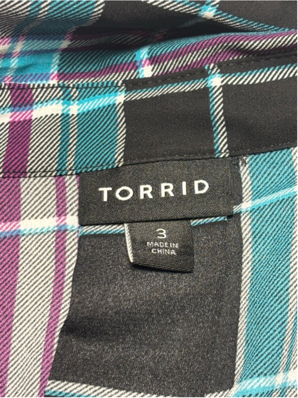 EUC Torrid Black Aqua Purple Plaid Chiffon Button Down Shirt Kimono Size 3X - Picture 6 of 7
